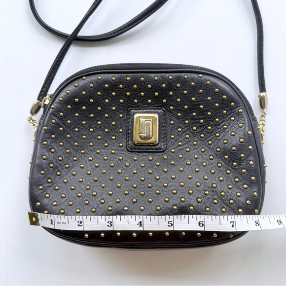 Vintage Judith Leiber Black Leather Gold Studded Red Lined Crossbody Bag Spain - Picture 11 of 16